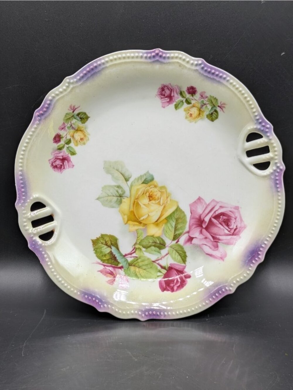 PK Silesia Königszelt Vintage Antique Double Handle Reticulated Cake Plate 9"